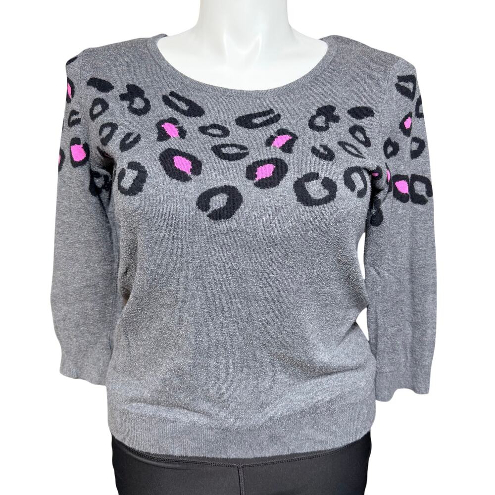 Revolution by Rickis Womens Knit Sweater Pullover Leopard Animal Print Gray Larg